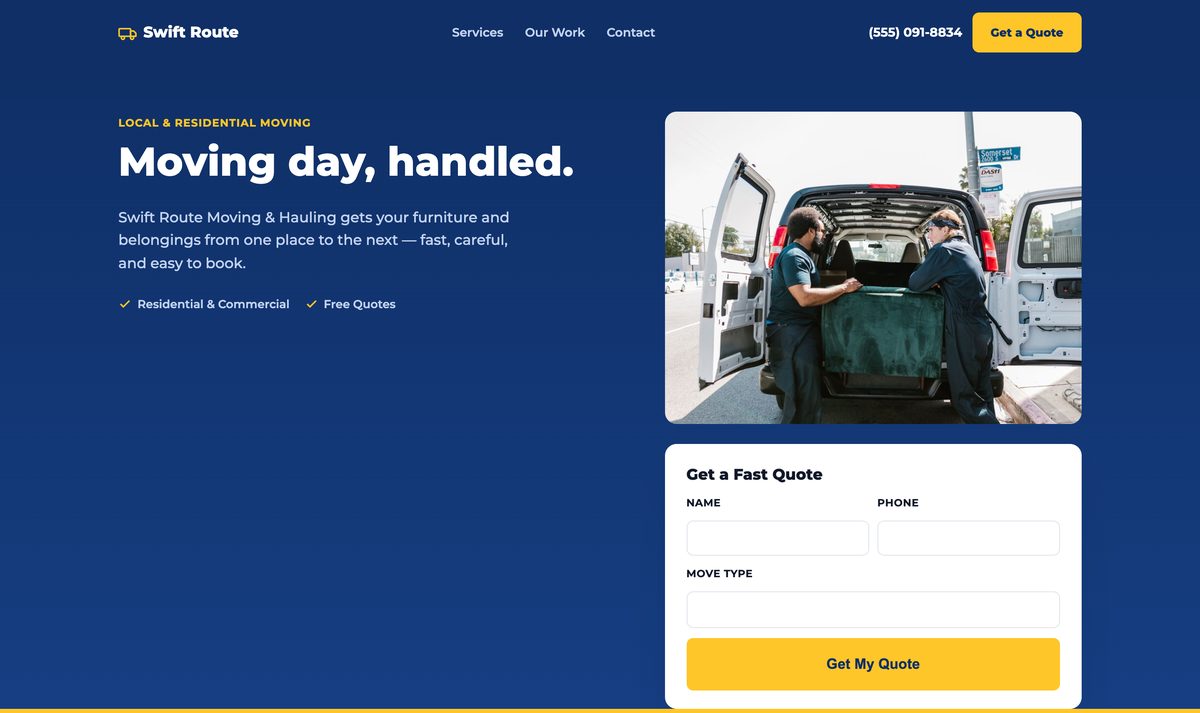 Preview of a ClearForge website demo for a moving and hauling company